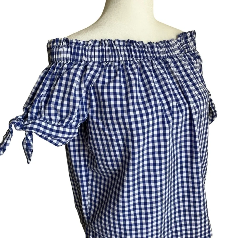 J. Crew Blue White Gingham Checkered Off The Shoulder Top Cottagecore Size 2